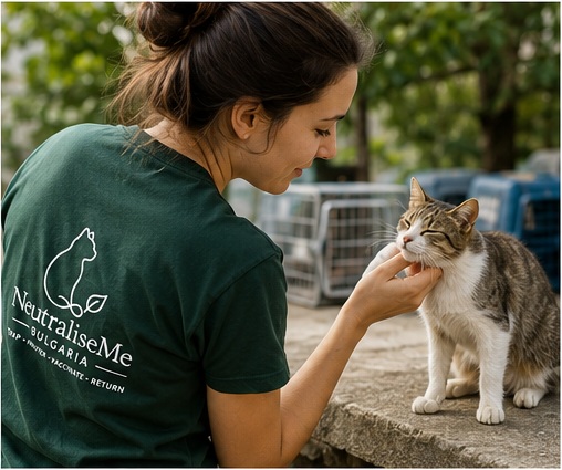 A volunteer caring for a stray cat